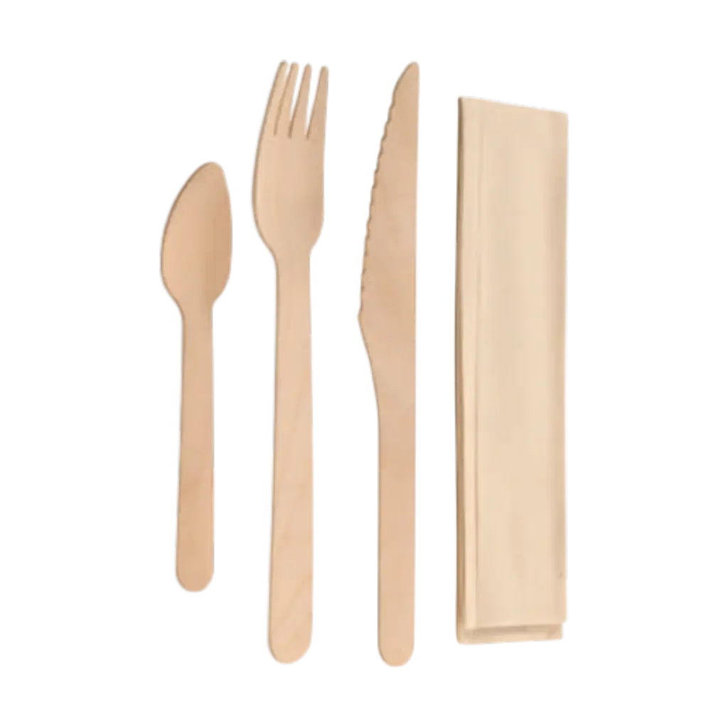 Set aus 4 Holzbesteck + Kraftverpackung (100 Stück)