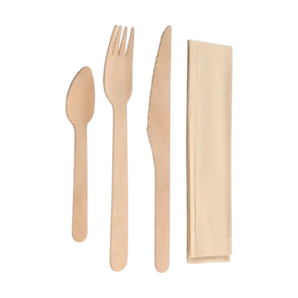 Set aus 4 Holzbesteck + Kraftverpackung (100 Stück)