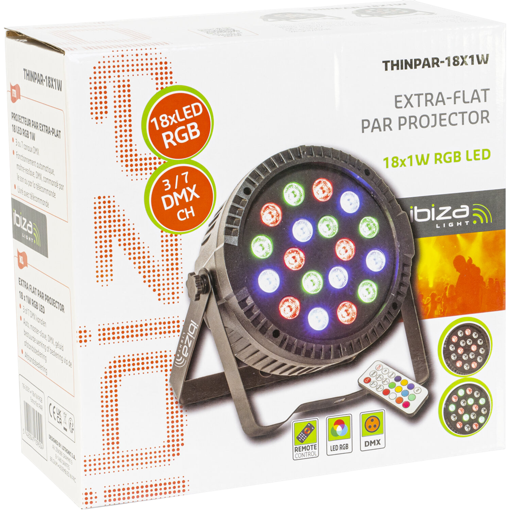 PAR-Scheinwerfer EXTRA-PLATT - 18 Leds RGB 1W (6 rot, 6 grün, 6 blau) - Ibiza light