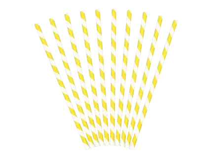 10 gelb-weiß gestreifte Papierstrohhalme