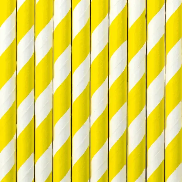 10 gelb-weiß gestreifte Papierstrohhalme