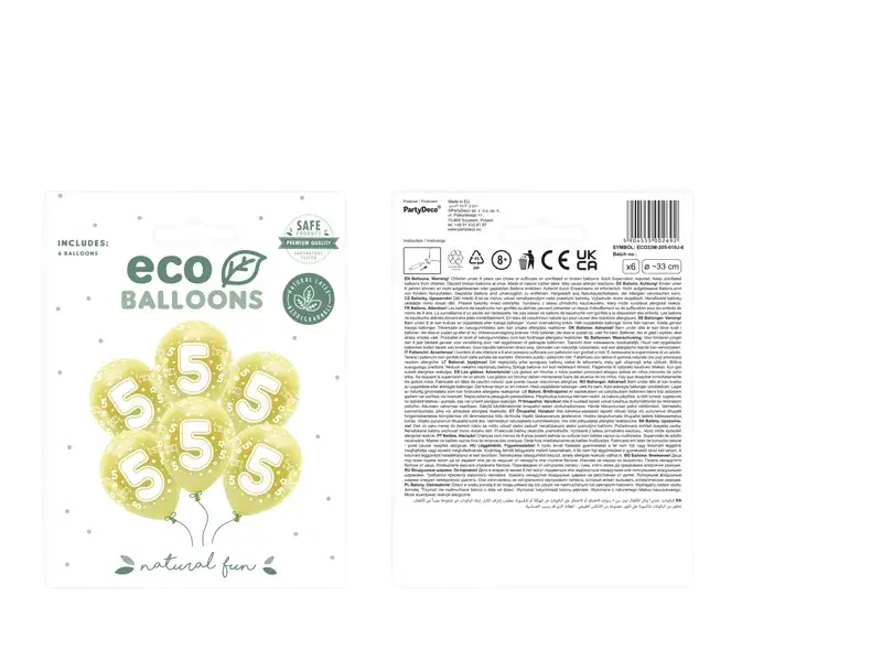 6 Eco-Ballons 33 cm, Ziffer ''5'', goldfarben