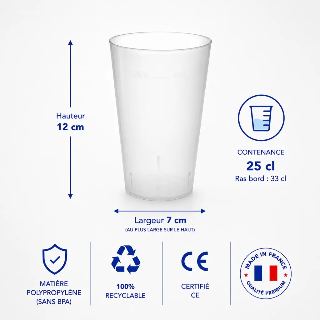 50er-Pack Ecocup-Becher, Fassungsvermögen 25 cl (33 cl randvoll), wiederverwendbar – Typ „Demi“, Saft, Softdrinks