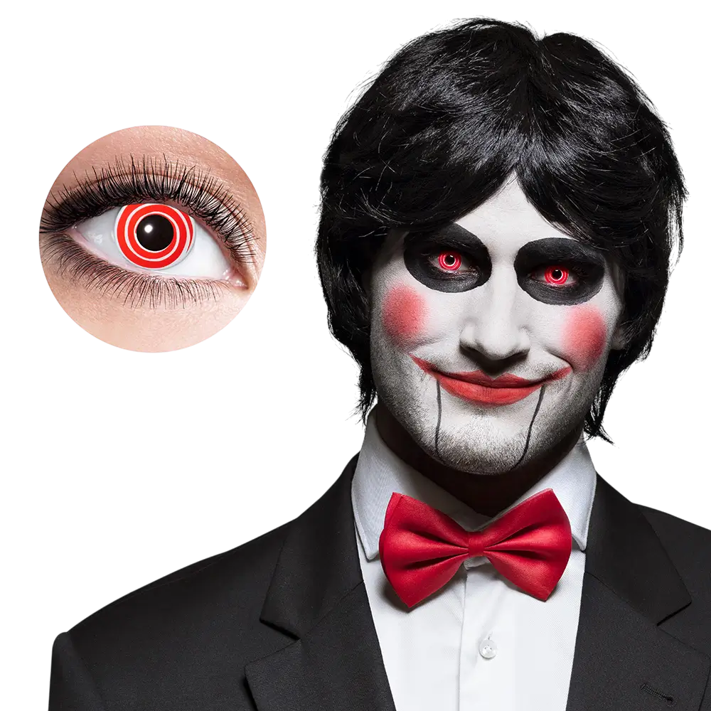 Rote und weiße Spiralkontaktlinsen – Halloween-Kontaktlinsen