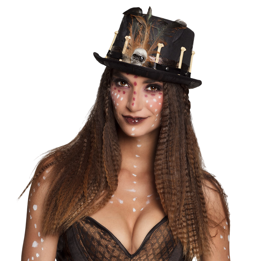 Voodoo-Hut mit Federn und Totenkopf – Halloween-Kostüm