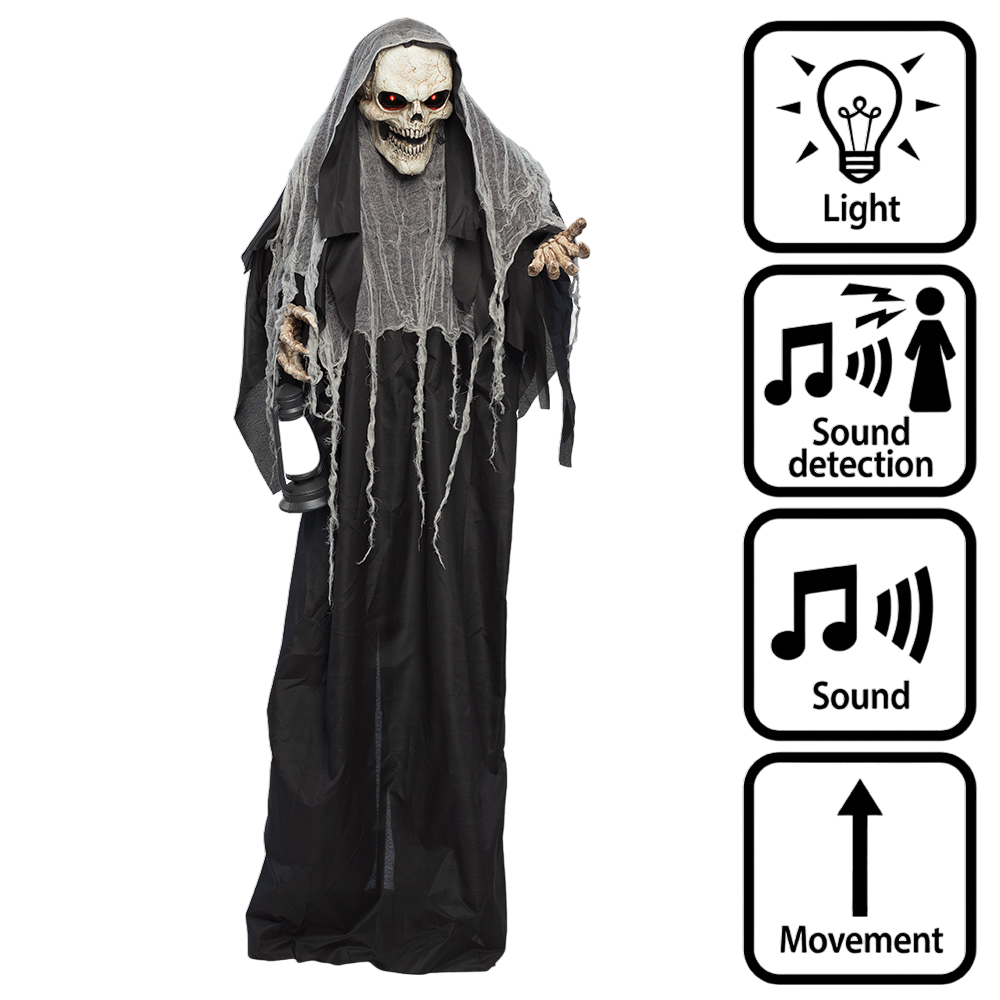 Leuchtende, animierte Sensenmann-Puppe, 180 cm – Halloween-Dekoration