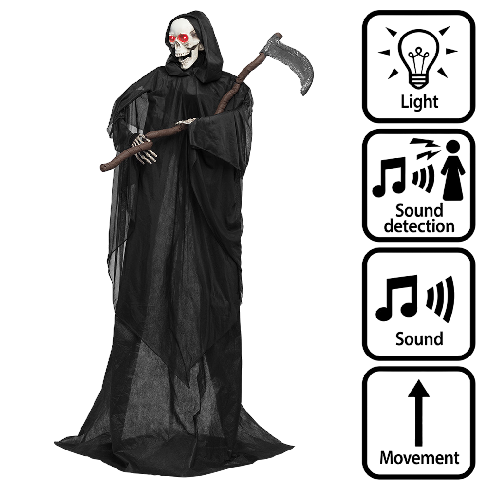 Bewegliche Skelettpuppe „Sensenmann“ mit Sense, 183 cm – Halloween