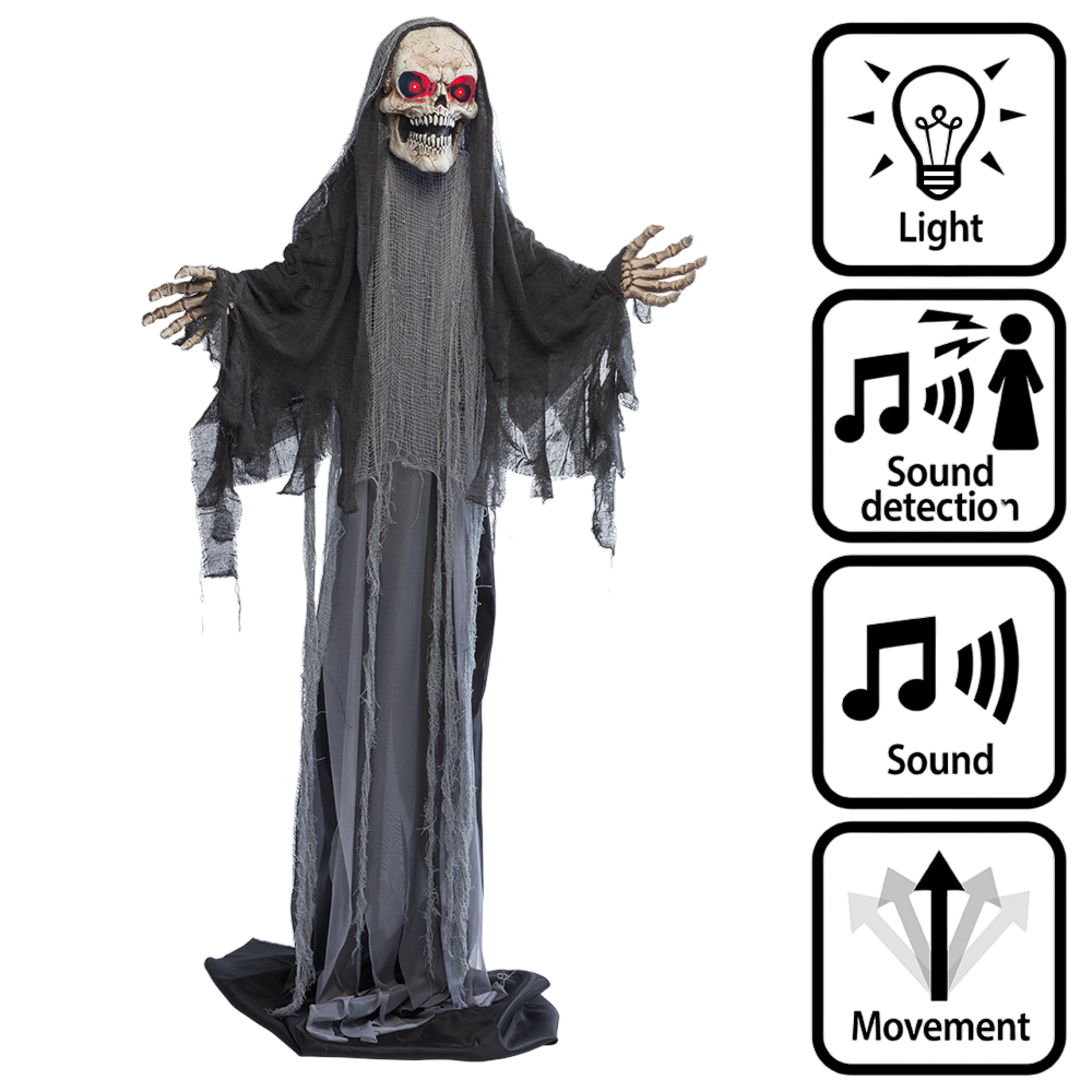 Bewegliche Skelettpuppe „Sensenmann“, die wächst: 180 bis 215 cm – Halloween