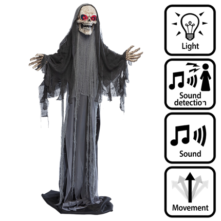 Bewegliche Skelettpuppe „Sensenmann“, die wächst: 180 bis 215 cm – Halloween