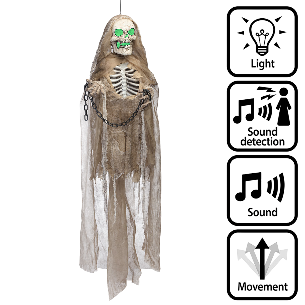 Bewegliche Skelettpuppe mit Licht- und Soundeffekten und Ketten, 183 cm – Halloween