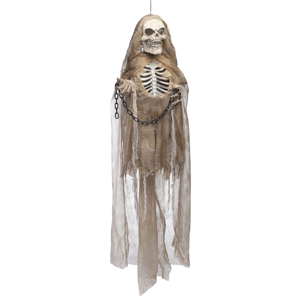 Bewegliche Skelettpuppe mit Licht- und Soundeffekten und Ketten, 183 cm – Halloween