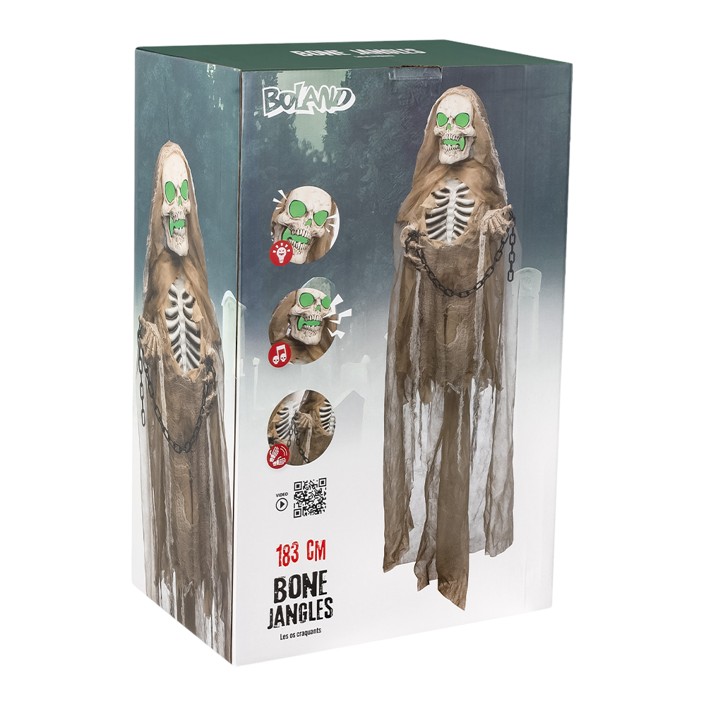Bewegliche Skelettpuppe mit Licht- und Soundeffekten und Ketten, 183 cm – Halloween