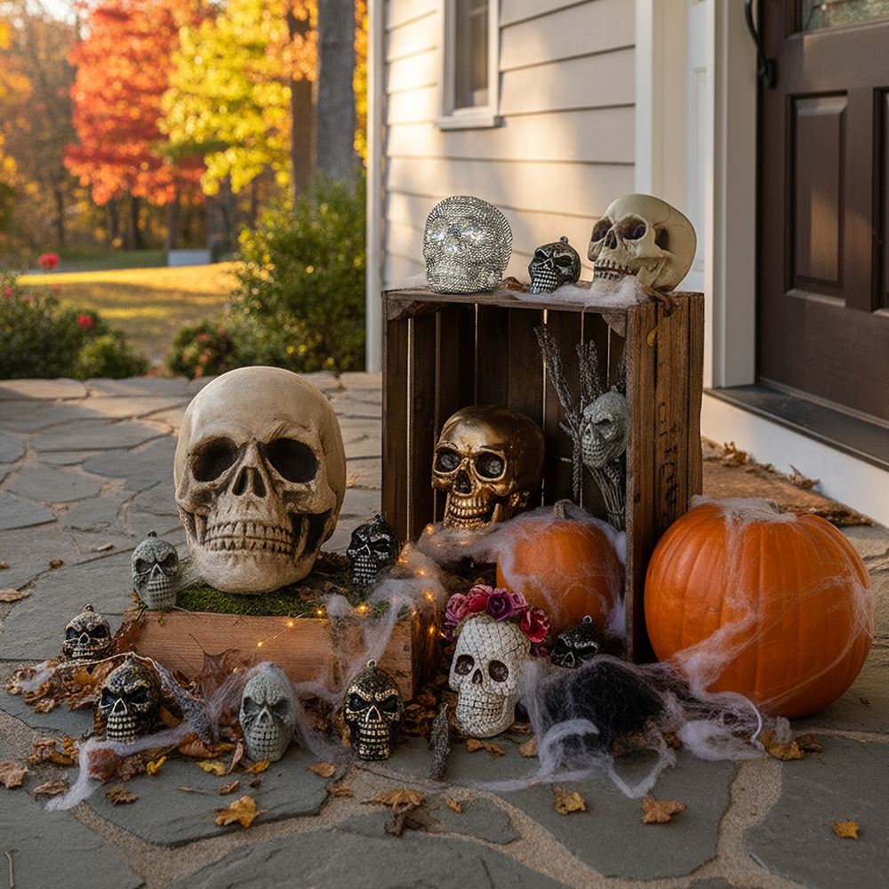 Weißer Totenkopf mit beweglichem Kiefer, 24 cm – Halloween-Dekoration