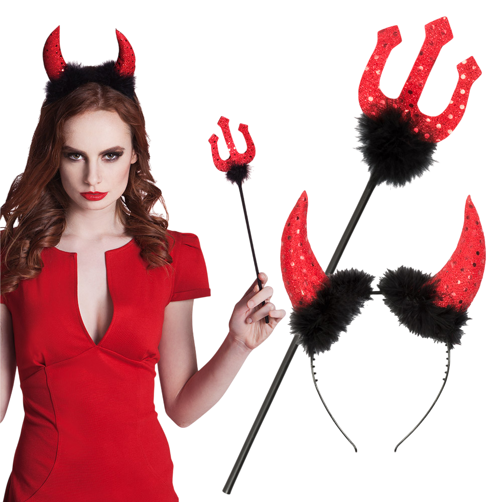 Teufels-Set mit Hörnern und Dreizack, 40 cm – Halloween-Kostüm
