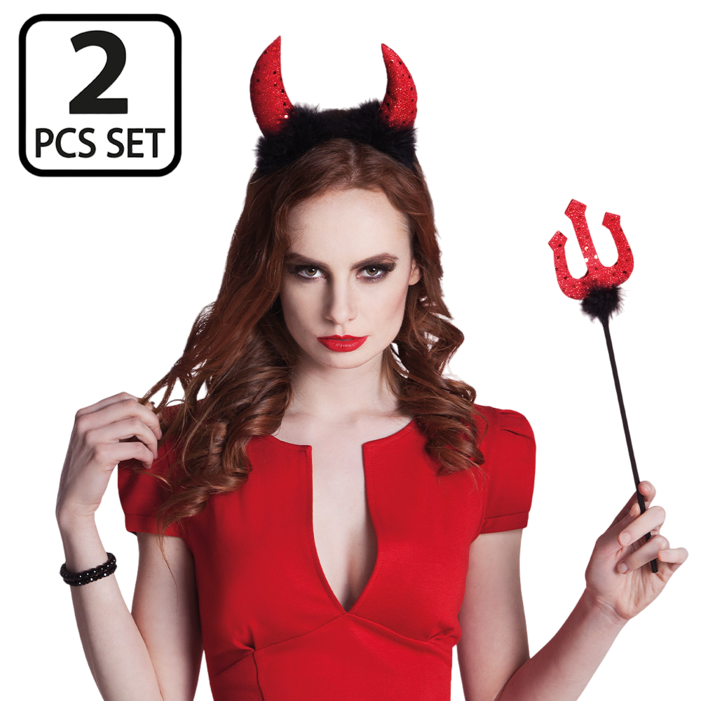 Teufels-Set mit Hörnern und Dreizack, 40 cm – Halloween-Kostüm