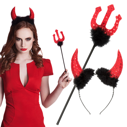 Teufels-Set mit Hörnern und Dreizack, 40 cm – Halloween-Kostüm