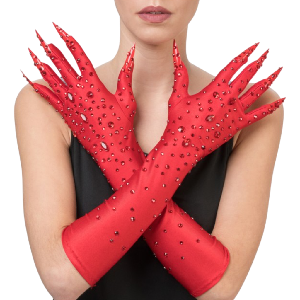 Rote Diablesse-Handschuhe mit Strasssteinen, 45 cm – Halloween-Accessoire