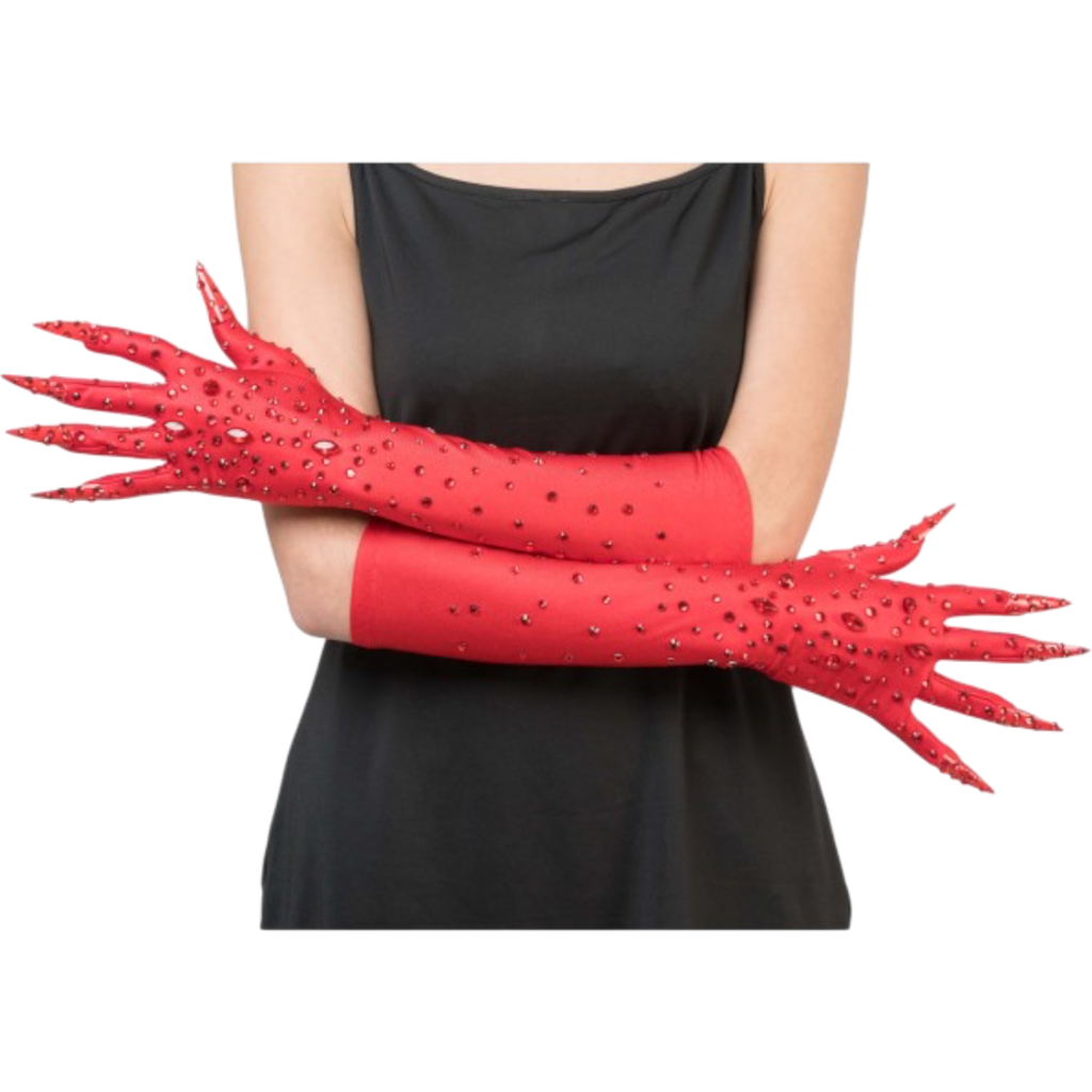 Rote Diablesse-Handschuhe mit Strasssteinen, 45 cm – Halloween-Accessoire