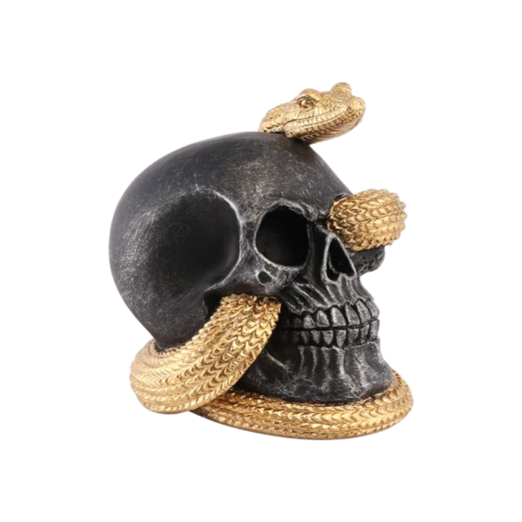 Schädel mit goldener Schlange, 14,5 cm – Halloween-Dekoration