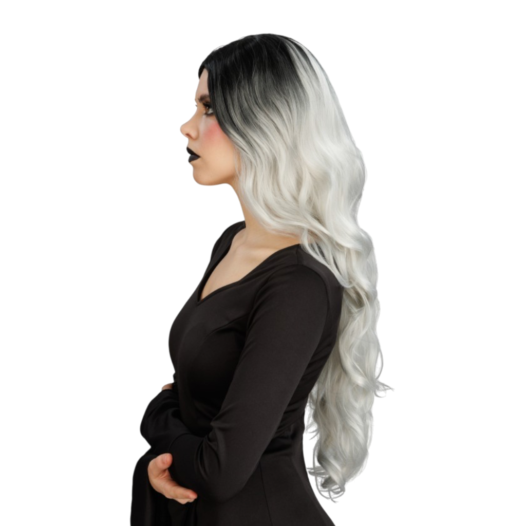 Glamouröse graue Hexenperücke mit Farbverlauf, 65 cm – Halloween