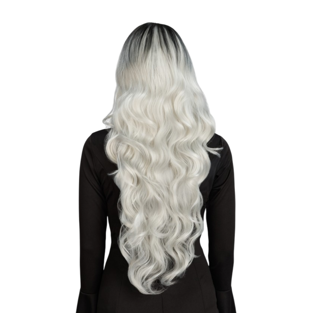Glamouröse graue Hexenperücke mit Farbverlauf, 65 cm – Halloween