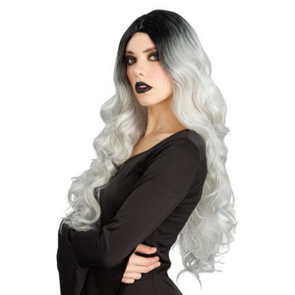 Glamouröse graue Hexenperücke mit Farbverlauf, 65 cm – Halloween