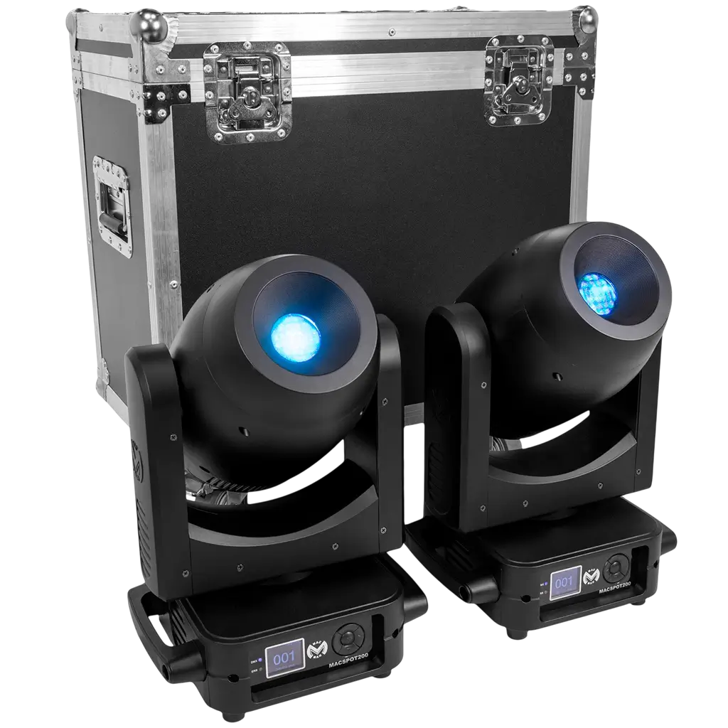 2er-Set LED-Spot-Schwenkarmleuchten (200 W) mit Flightcase – Mac Mah