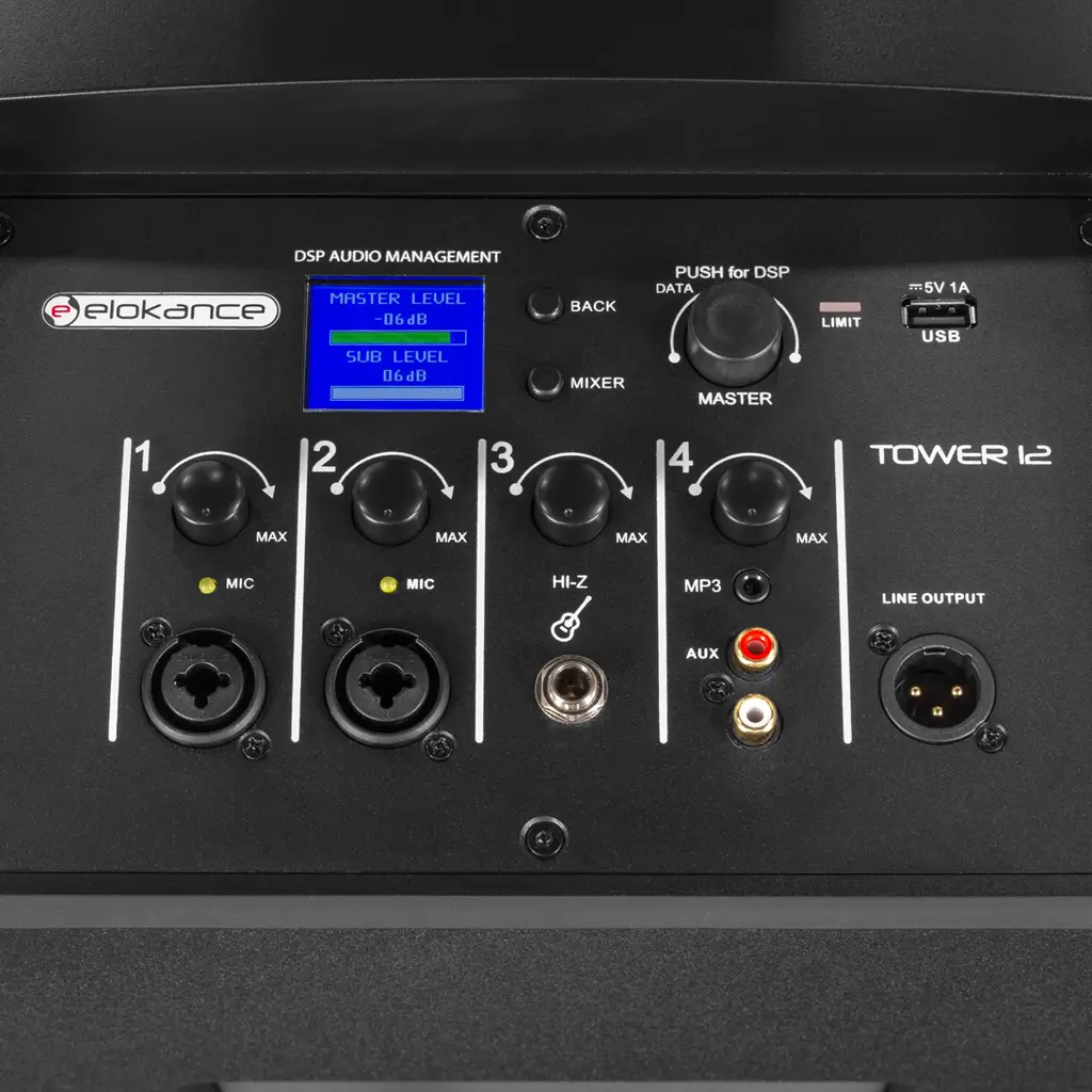 Aktives 3-Wege-Säulensystem mit 800 W RMS und 12-Zoll-Subwoofer – Elokance