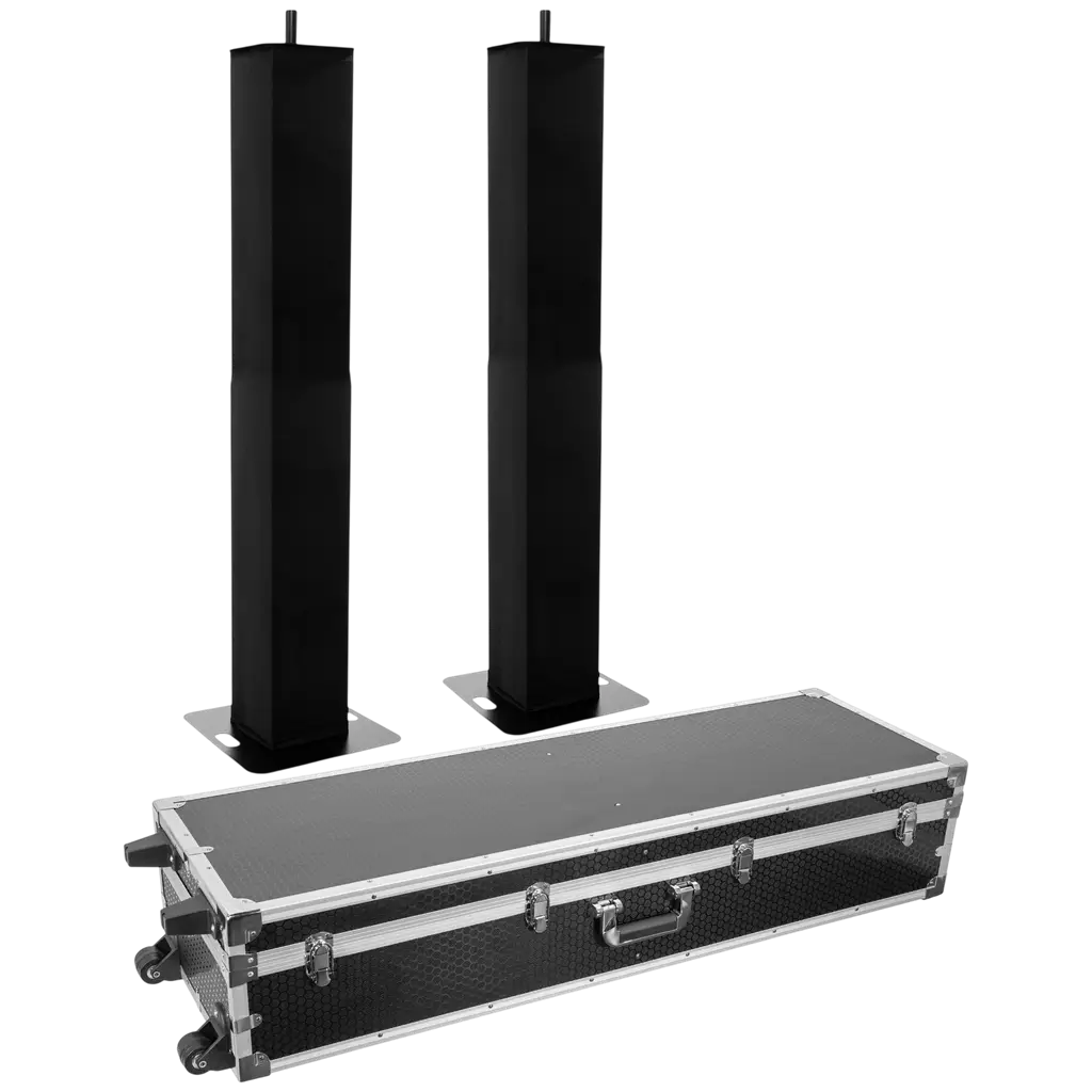 2er-Set ausziehbare Totems (106 bis 195 cm) mit schwarzen Lycra-Bezügen und Flightcase – Plugger