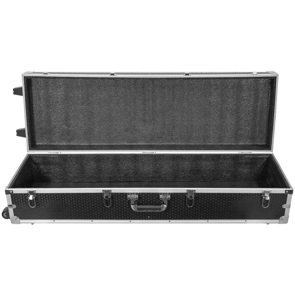 2er-Set ausziehbare Totems (106 bis 195 cm) mit schwarzen Lycra-Bezügen und Flightcase – Plugger