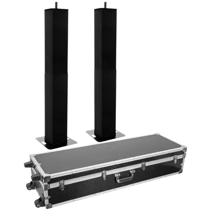 2er-Set ausziehbare Totems (106 bis 195 cm) mit schwarzen Lycra-Bezügen und Flightcase – Plugger