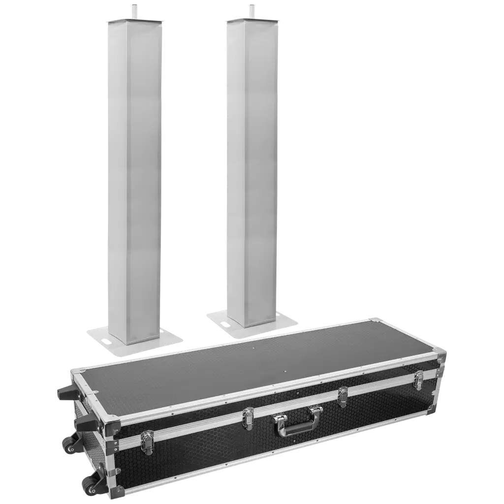 2er-Set ausziehbare Totems (106 bis 195 cm) mit weißen Lycra-Bezügen und Flightcase – Plugger