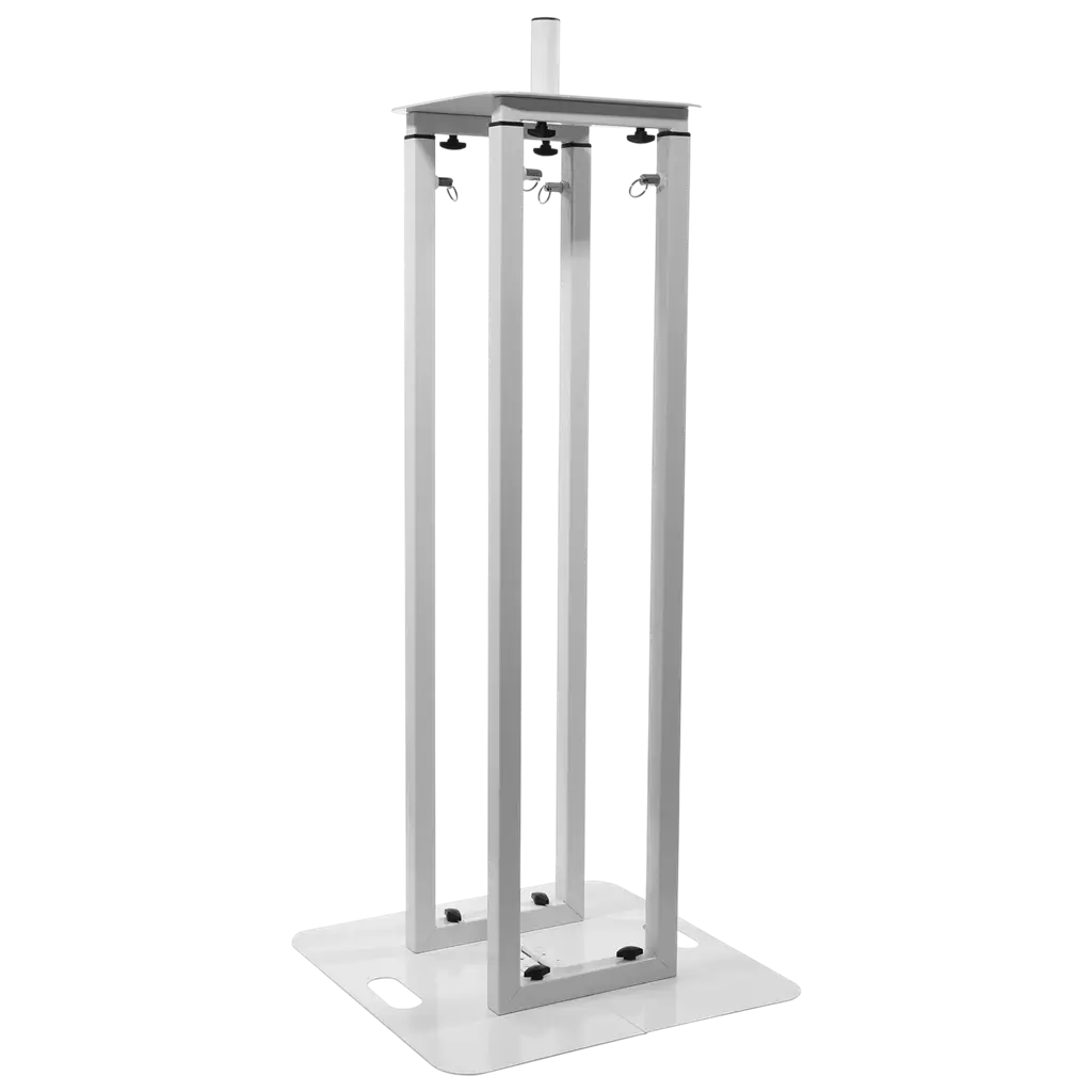 2er-Set ausziehbare Totems (106 bis 195 cm) mit weißen Lycra-Bezügen und Flightcase – Plugger