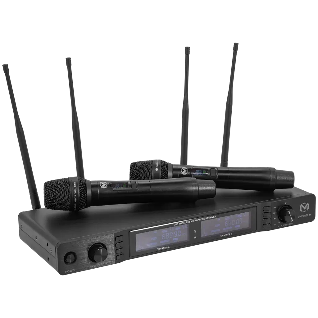 Doppeltes drahtloses UHF-Mikrofonsystem mit Nierencharakteristik und True-Diversity-Technologie samt Empfänger – Mac Mah