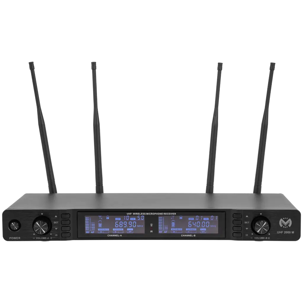 Doppeltes drahtloses UHF-Mikrofonsystem mit Nierencharakteristik und True-Diversity-Technologie samt Empfänger – Mac Mah