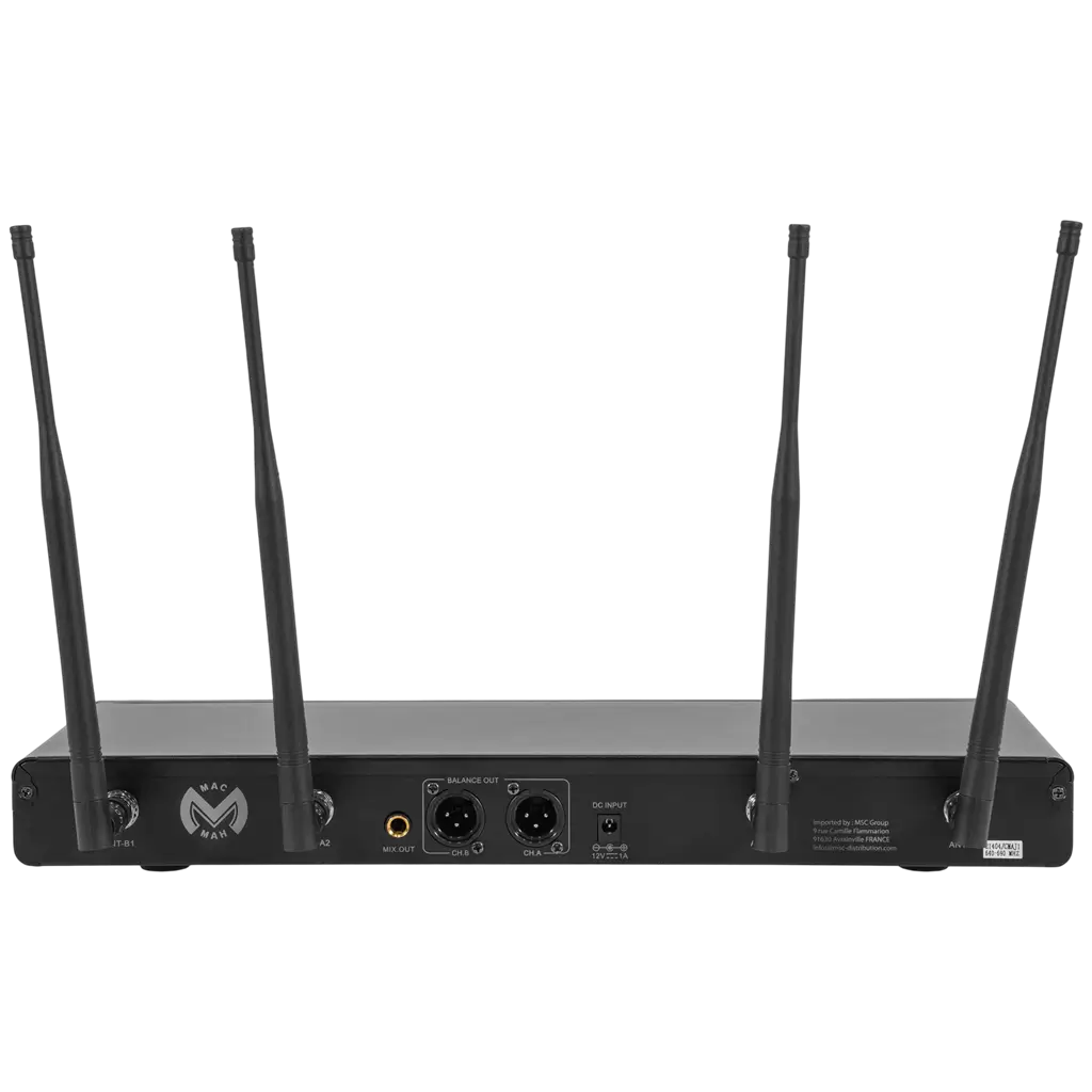 Doppeltes drahtloses UHF-Mikrofonsystem mit Nierencharakteristik und True-Diversity-Technologie samt Empfänger – Mac Mah