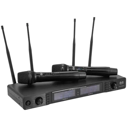 Doppeltes drahtloses UHF-Mikrofonsystem mit Nierencharakteristik und True-Diversity-Technologie samt Empfänger – Mac Mah