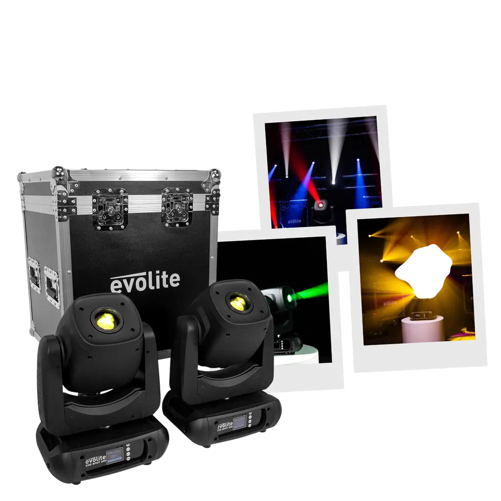 2er-Set hochleistungsfähiger 200-W-LED-Spot-Schwenkarmleuchten mit Flightcase – Evolite