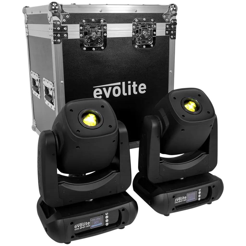 2er-Set hochleistungsfähiger 200-W-LED-Spot-Schwenkarmleuchten mit Flightcase – Evolite