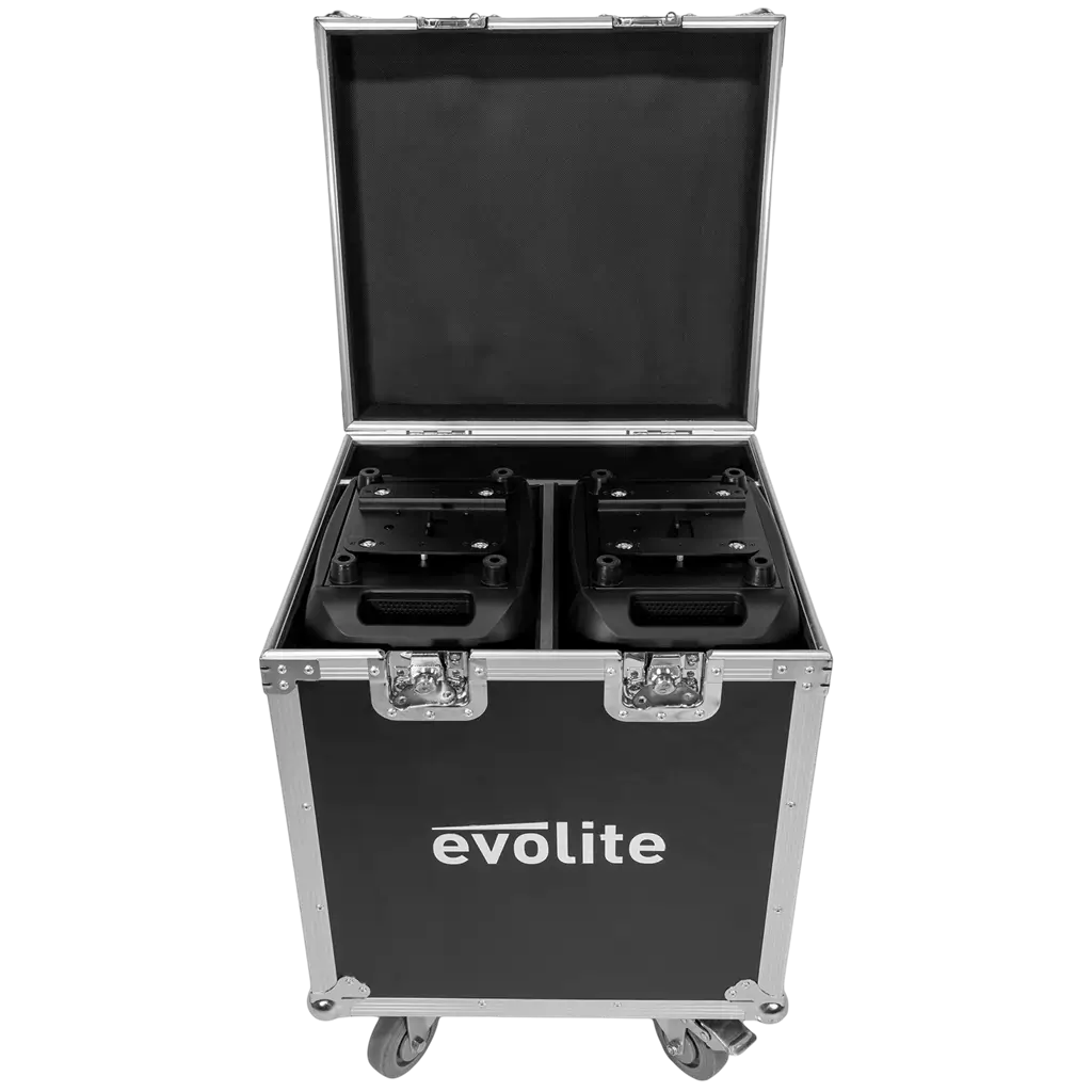 2er-Set hochleistungsfähiger 200-W-LED-Spot-Schwenkarmleuchten mit Flightcase – Evolite
