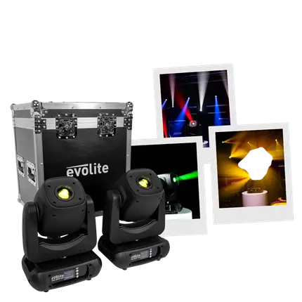 2er-Set hochleistungsfähiger 200-W-LED-Spot-Schwenkarmleuchten mit Flightcase – Evolite